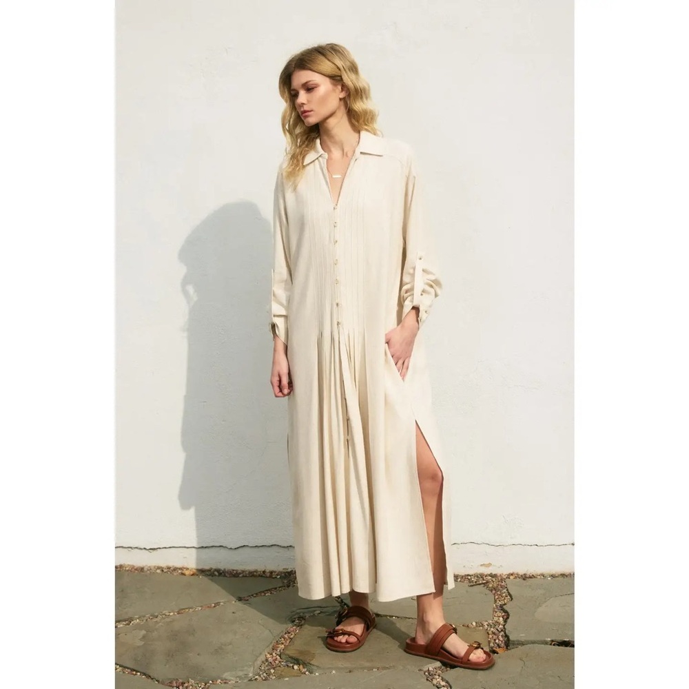 $139 Dress Forum Cotton Linen Pleated Longline Shirt Dress in oatmeal, NWT L